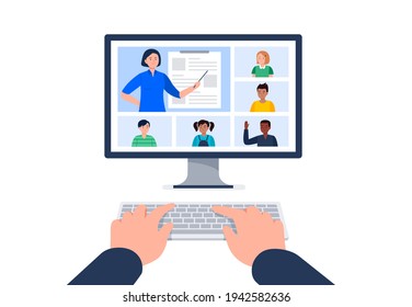 Video call with teacher and classmates. Using a computer for education during an epidemic. Vector flat illustration.