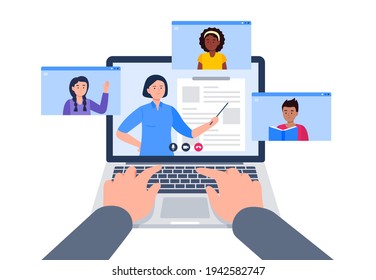 Videollamada con profesores y compañeros de clase. Usar una laptop para la educación durante una epidemia. Ilustración plana vectorial.