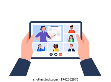 Video call with teacher and classmates. Using a digital tablet for education during an epidemic. Vector flat illustration.