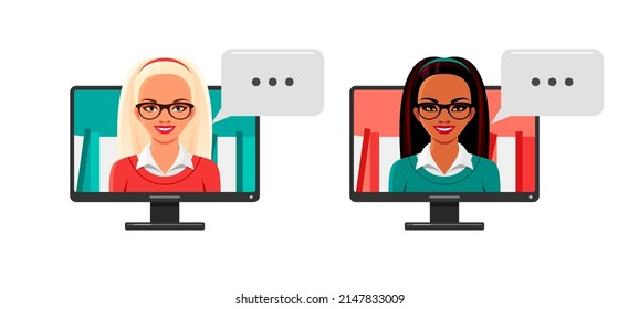 Video call with teachers, tutors, students. Digital education service, online study, distant school. Vector cartoon illustration of young smiling women with speech bubble on computer screen
