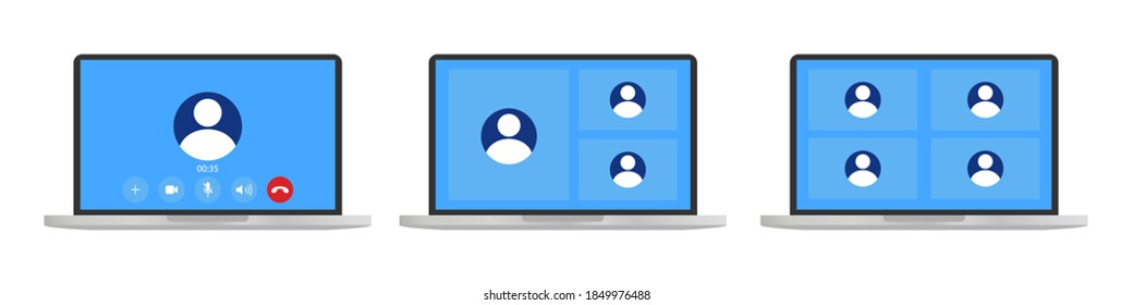 Video call template on laptop. Video conference icon . Users on computer screen.Online education . Office in home . 4 or 3 people in chat conference.Laptop with incoming call . 10 eps