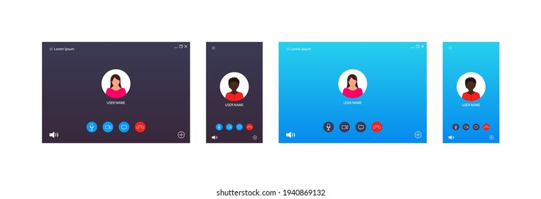 Video call ui for conference. Screen interface of chat, webinar, meeting. Template of online videocall with avatar, button for mobile, computer, laptop. Mockup for lecture, lesson, learning. Vector.