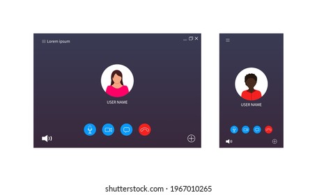 Video call ui for conference. Screen interface of chat, webinar, meeting. Template of online videocall with avatar, button for mobile, computer, laptop. Mockup for lecture, lesson, learning. Vector.