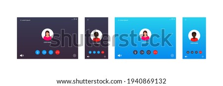 Video call ui for conference. Screen interface of chat, webinar, meeting. Template of online videocall with avatar, button for mobile, computer, laptop. Mockup for lecture, lesson, learning. Vector. Stock photo © 