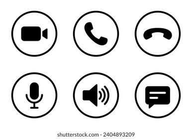 Video call ui icon set. Camera, handset, microphone, speaker, and message symbol vector
