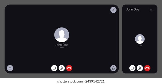 Video call UI. Online meeting chat conversation interface, web conference app with video call and voice call. Vector mockup template