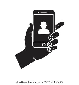 Video Vector sólido del glifo del símbolo del icono del usuario de la llamada para el chat móvil de la conferencia y la mano que sostiene el smartphone con la pantalla del avatar de la persona