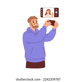Videoanruf mit Mobiltelefon. Mann, der mit Frau spricht und Smartphone für Online-Kommunikation hält. Leute während des virtuellen Chats. Flache Vektorgrafik einzeln auf weißem Hintergrund