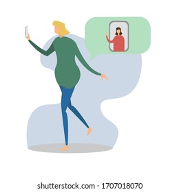 Video call vector concept with female figure waving hands while video calling with her friend, isolated in white background with blue and green shades