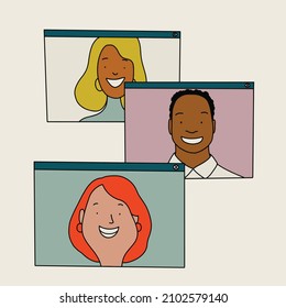 Video call vector flat illustration, minimalism, people on online meeting, video call