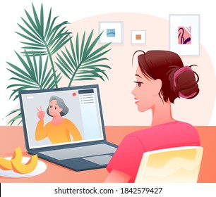 Video call vector illustration. Cartoon happy woman character making videocall chat conference with mother, using laptop for family video conversation, online web telephony technology background