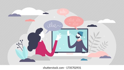 Video call vector illustration. Communication type flat tiny persons concept. Virtual talking with webcam technology. Distance meeting or work conference using internet calling application services.