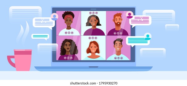 Video call vector illustration with laptop screen, diverse people, messages. Online group chat concept with home workplace, men,women faces. Video call banner in flat style. Virtual meeting background