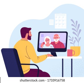 Llamada de video. Imagen vectorial de un hombre hablando con sus padres mayores vía computadora desde casa en un estilo moderno y plano. Aislado en segundo plano