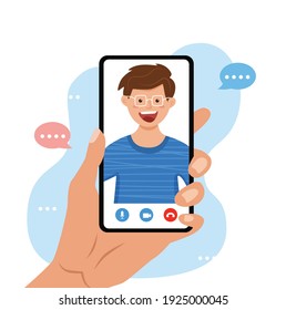 Videoanruf, Vektorgrafik. Männliche Hand, die Smartphone mit lächelndem Jungen auf dem Bildschirm hält. Video-Chat online über Smartphone-Konzept für Websites, Werbung und Banner. 