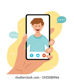 Video call vector illustraton. Male hand holding smartphone with smiling boy on screen. Video chatting online on smartphone concept for web sites, advertising and banners. 