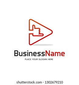 Video call vector logo template. Pictogram with hand call and video symbol. This logo is suitable for messenger friend, chat, connect internet, audio, play.