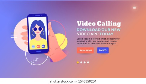 Video call via the app, messenger. Mobile video chat in a mobile application online, web banner design. Online video service vector illustration. 
