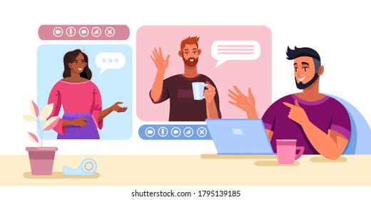 Video call and virtual meeting illustration with men and woman communicating in internet. Online teamwork banner with diverse people, laptop, screen. Virtual meeting vector concept with freelancers