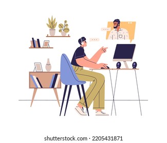 Video call, virtual meeting with remote worker. Happy colleagues at distant videocall, discussing work, business. Online communication concept. Flat vector illustration isolated on white background