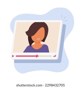 Video call watch podcast player icon vector 3d, webinar course online modern cartoon graphic illustration, interview talk vlog streaming with girl woman smiling, remote dating, virtual digital content