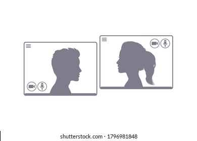 Video call web conference, social distancing, online webinar communication, working from home with man and woman face icon, online course, video lecture – stock vector