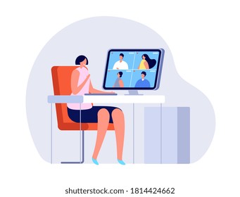 Video call. Woman close computer, online conference or meeting from home. Virtual office, girl and friends digital chat vector illustration