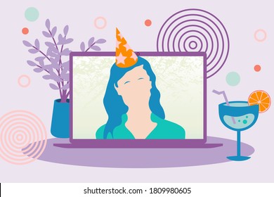 Video call woman in festive hat celebrating online. Birthday party girl on computer screen. Online party with laptop and drink. Vector illustration. EPS10.