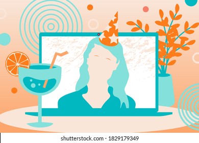 Video call woman in festive hat celebrating online. Birthday party girl on computer screen. Online party with laptop and drink. Vector illustration. EPS10.