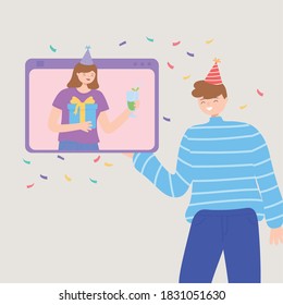 video call woman in festive hat celebrating online with man vector illustration