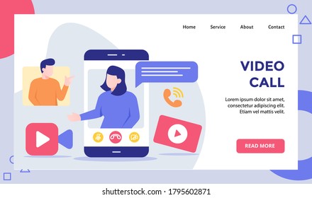 Video call woman on display smartphone campaign for web website home homepage landing page template banner with modern flat style