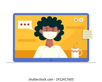 Llamada de video. Mujer que usa computadora para videochat en línea con amigos, aprendiendo o trabajando a distancia desde casa. Ilustración vectorial.