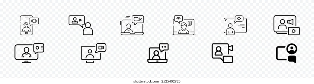 Video call in your device icon, Virtual Communication icon, Video call icon. Video conference icon vector set, Videos call icons set. Video camera related icons. Basic icons for videos conference