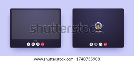 Video call zoom screen with picture and with only audio. Web interface of conference chat application with mic and video icon and blank place for your picture. Call window mockup for online business.