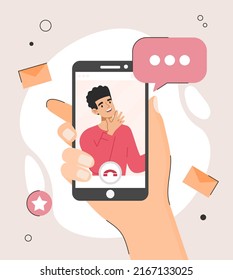 Video calling concept. Female hand holds smartphone with young guy on screen. Communication on Internet and social networks, dating application and digital world. Cartoon flat vector illustration