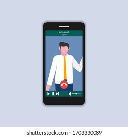 Concepto de videollamadas en la pantalla del smartphone. Videoconferencia en línea con el personaje del hombre que habla . ilustración vectorial