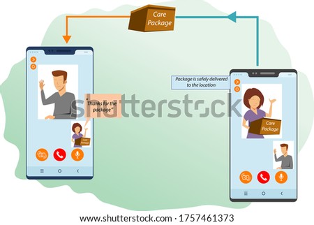 A video calling illustration  between a sender and a reciever, depicting a care package being just recieved by the recipient , as she expresses gratitude to the sender 