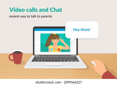 Video calls and chat concept flat vector illustration of happy girl talking to her parent on laptop screen with speech bubble for message. Distance video calling and online communication for people