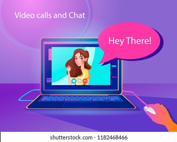 Video calls and chat concept of happy girl talking to her parent on laptop screen with speech bubble for message. Distance video calling and online communication for people. Vector illustration.