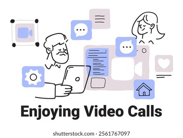 Video calls concept with people using devices chat icons and settings in minimalist hand drawn style for digital communication
