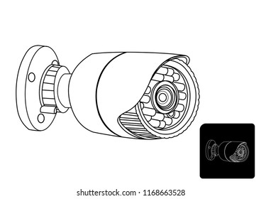 Video cam, security camera, video surveillance, cctv sign set. Detailed scheme like real camera
