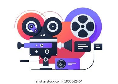 Video camcorder structure vector illustration. Video shooting process on videotape flat style design. Recording and sound overlay. Action camera. Isolated on white background