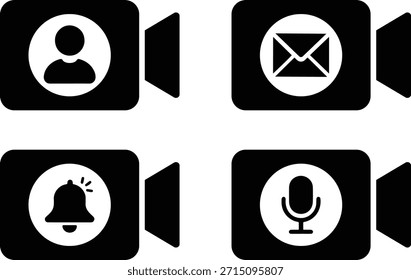 Symbolsatz für Videokamera-App-Funktion. Profil, Mail, Benachrichtigung und Mikrofon. Videoaufnahme- oder Streaming-Anwendung, einschließlich Benutzerprofil, Messaging und Audioeingabe.
