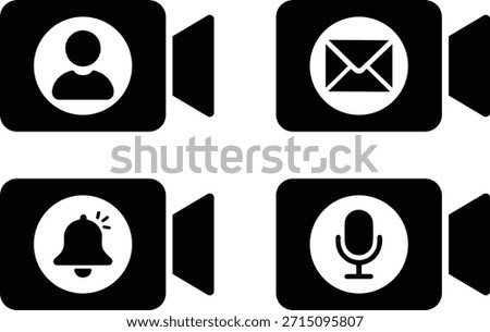 Video Camera App Feature Icon Set. Profile, Mail, Notification, and Microphone. Video Recording or Streaming Application, Including User Profile, Messaging and Audio Input.