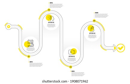 Video camera, Brand ambassador and Bitcoin think line icons set. Timeline plan infograph. Medical calendar sign. Movie or cinema, Megaphone, Cryptocurrency head. Doctor appointment. Vector