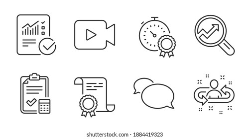 Video camera, Checked calculation and Messenger line icons set. Certificate, Accounting checklist and Best result signs. Analytics, Recruitment symbols. Quality line icons. Video camera badge. Vector