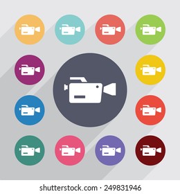 video camera circle, flat icons set. Round colorful buttons 
