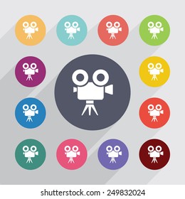 video camera circle, flat icons set. Round colorful buttons 