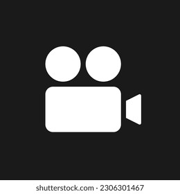 Video camera dark mode glyph ui icon. Simple filled line element. User interface design. White silhouette symbol on black space. Solid pictogram for web, mobile. Vector isolated illustration