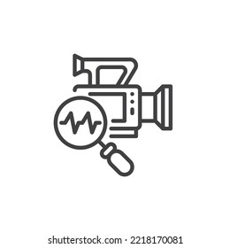 Video Camera diagnostic line icon. linear style sign for mobile concept and web design. Cinema camera and magnifying glass outline vector icon. Symbol, logo illustration. Vector graphics